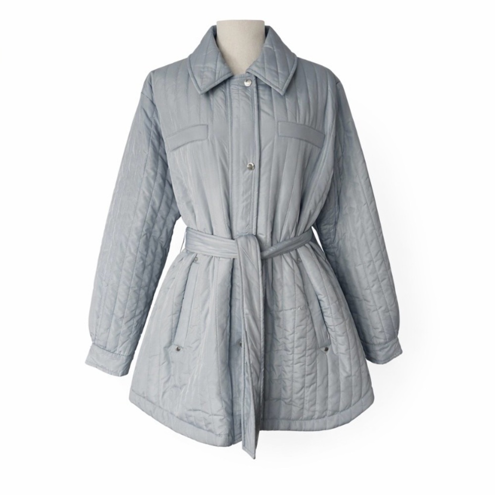 Vince Camuto Designer Coat Blue Grey Quilted Belted Snap Front Puffer Jacket